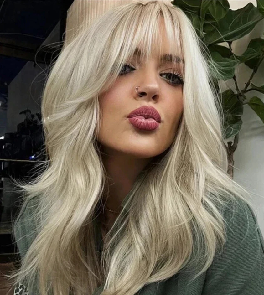 Platinum Blonde Synthetic Wig with Bangs Medium Length Layered Wigs for Women