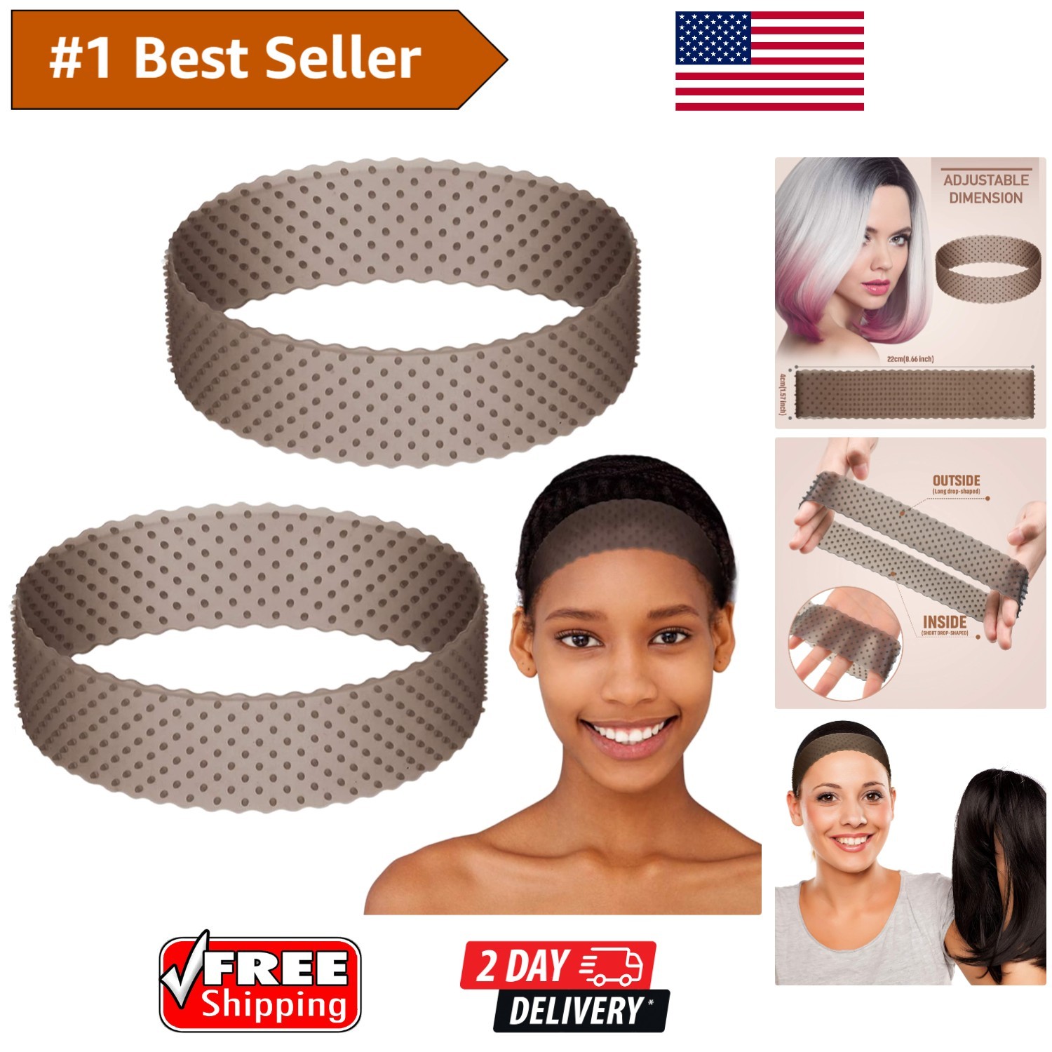 2 Count Adjustable Silicone Wig Grip Bands – Black No Slip for Sports & Yoga