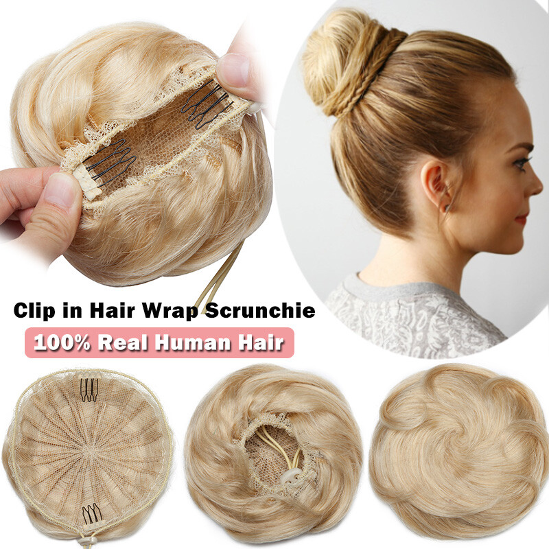 100% Real Human Hair Piece Clip In Wrap On Around Chignon Messy Bun Elastic Band
