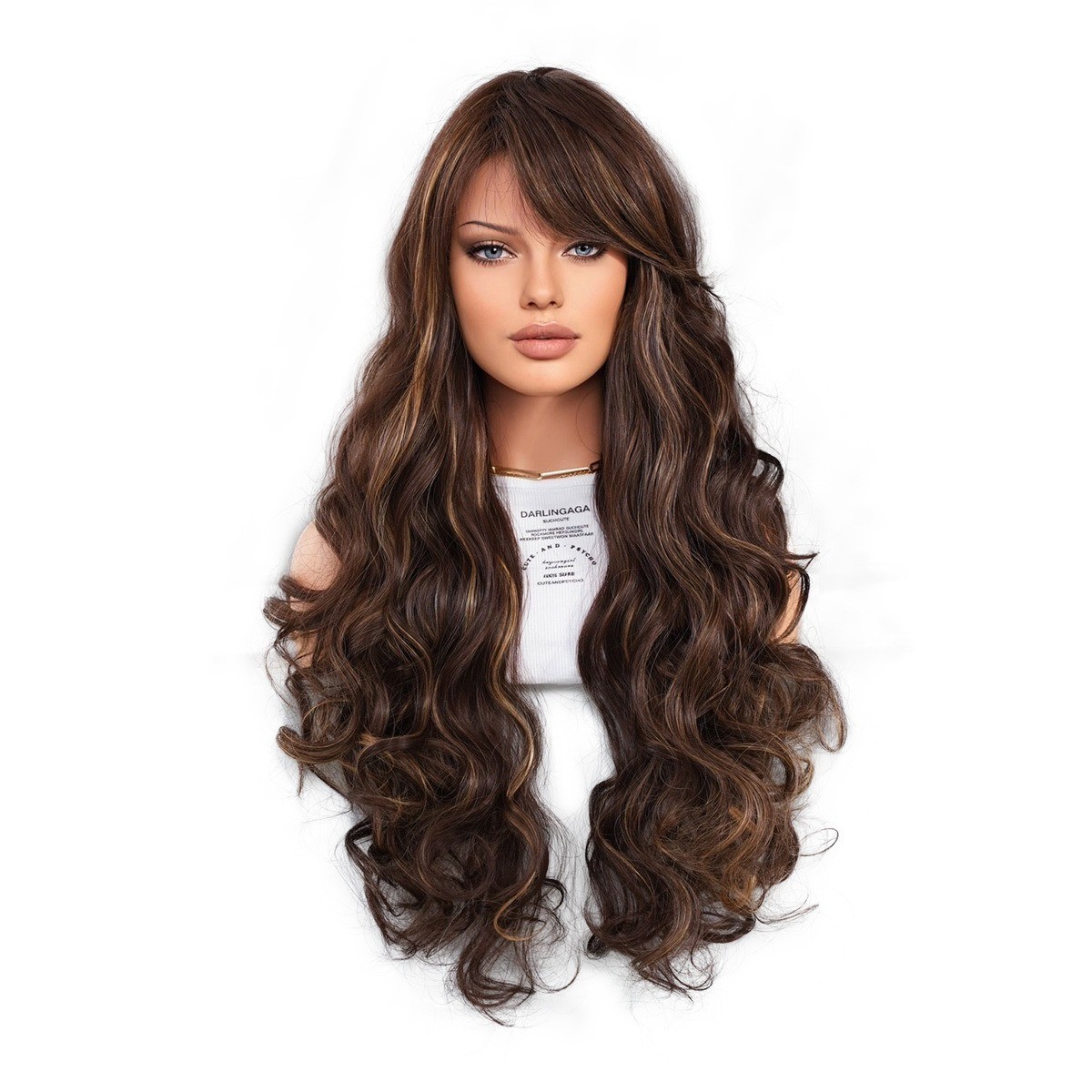 Long wavy red-brown bleached blonde side-parted curly hair wig fluffy