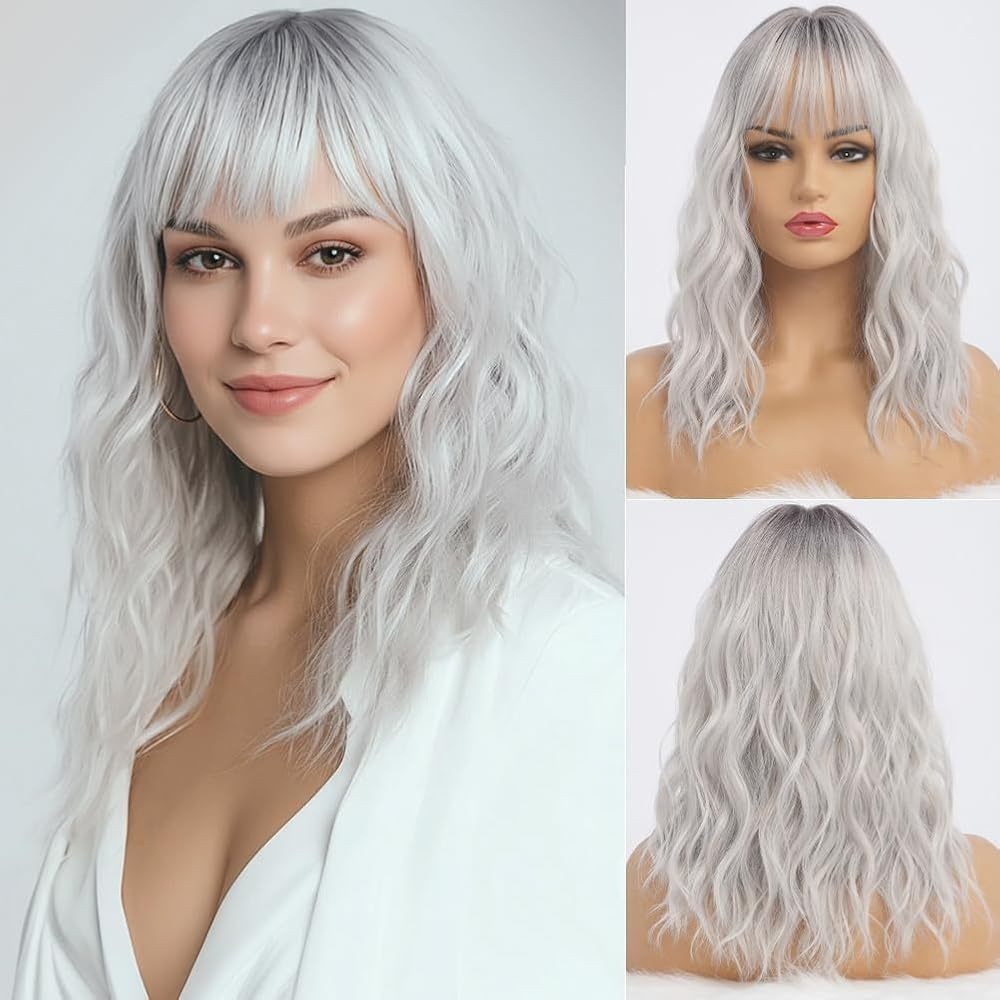 Real Human Hair New Fashion Beautiful Women’s Long Silver White Wavy Wigs 20In