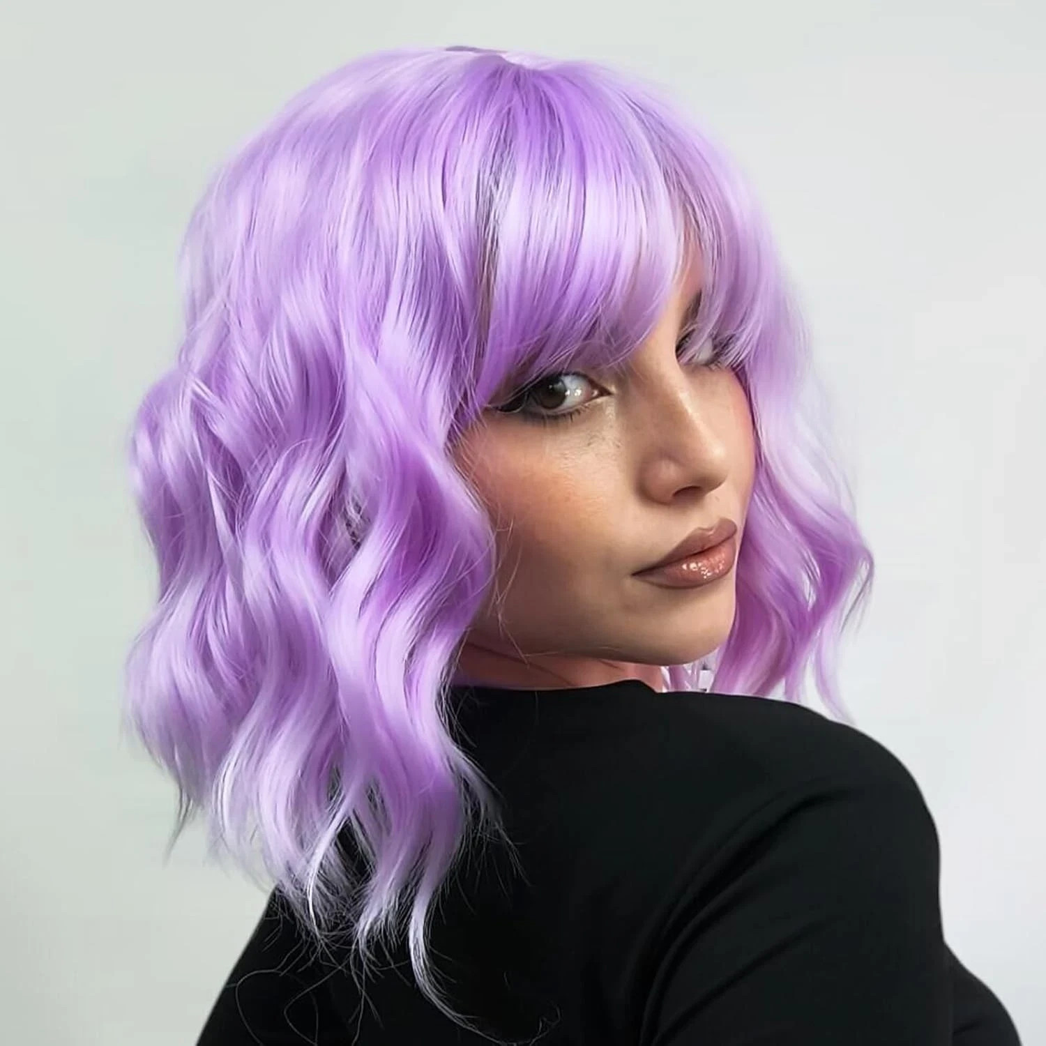 Light Purple Bob Wigs with Bangs for Women Bob Wavy Wig Synthetic Cosplay Party