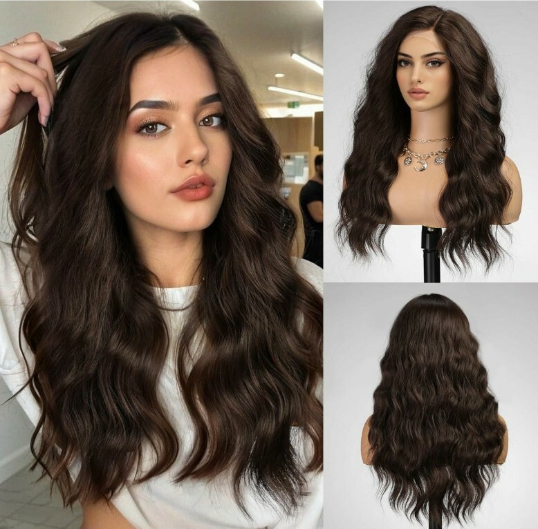 HD Lace Front Wig Natural Dark Medium Brown Ombre Wavy Heat Resistant 24 In