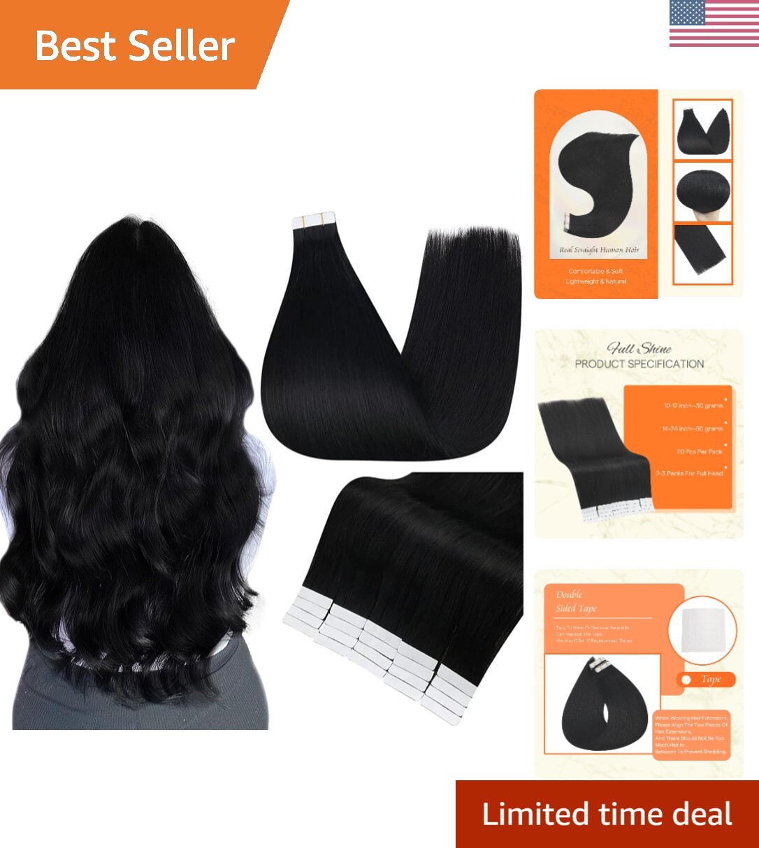 10 Inch Jet Black Tape In Hair Extensions – Real Human Hair with Seamless Finish