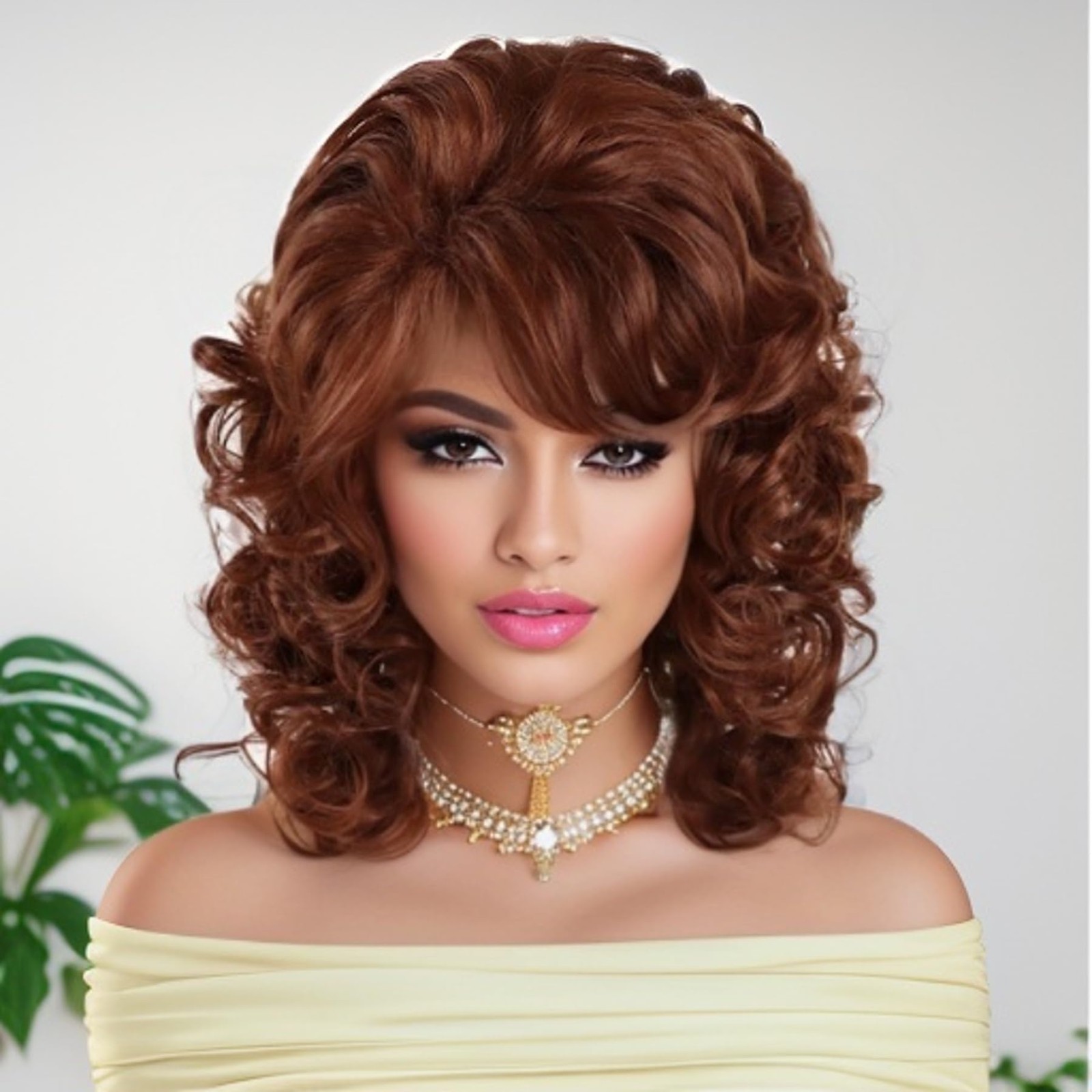 GNIMEGIL Shoulder Length Wigs For Women Auburn Curly Wig With Bangs Loose Wav…