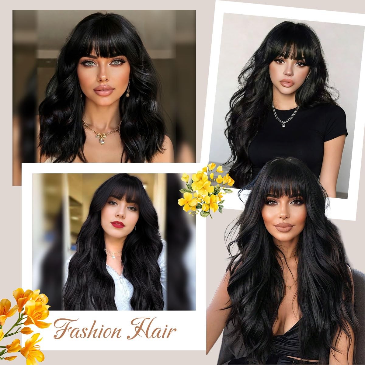 Black Wig with Bangs 26 Inch Long Curly Wavy Wigs for Women Begineer-Friendly…