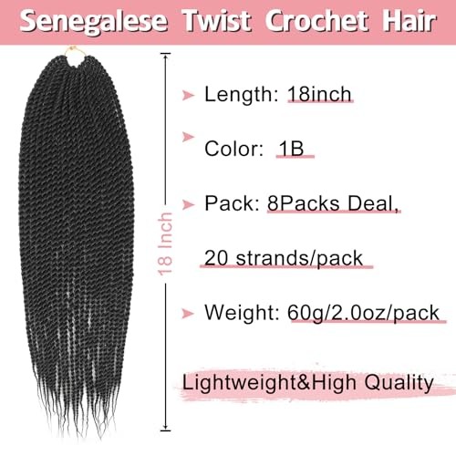 Senegalese Twist Crochet Hair-8 Packs 18 Inch Senegalese 18 Inch (8 packs) 1B#