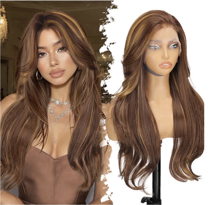 Brown Highlight HD Lace Front Wig 26in Body Wave Bleached Knots Free Part