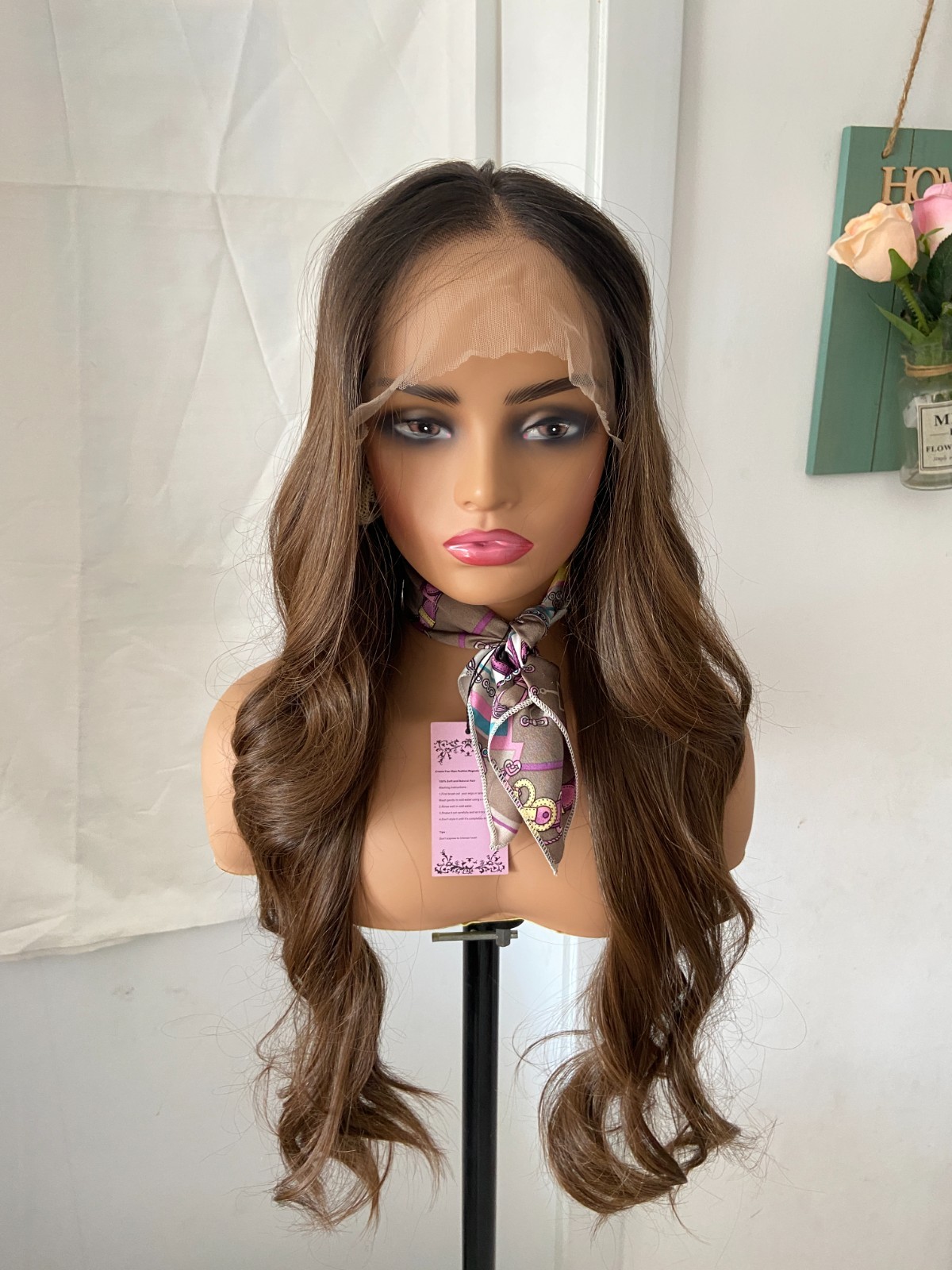 Long Rooted Brown Wavy Large Lace Front Mono Cap Human Hair Blend Heat Ok Wig