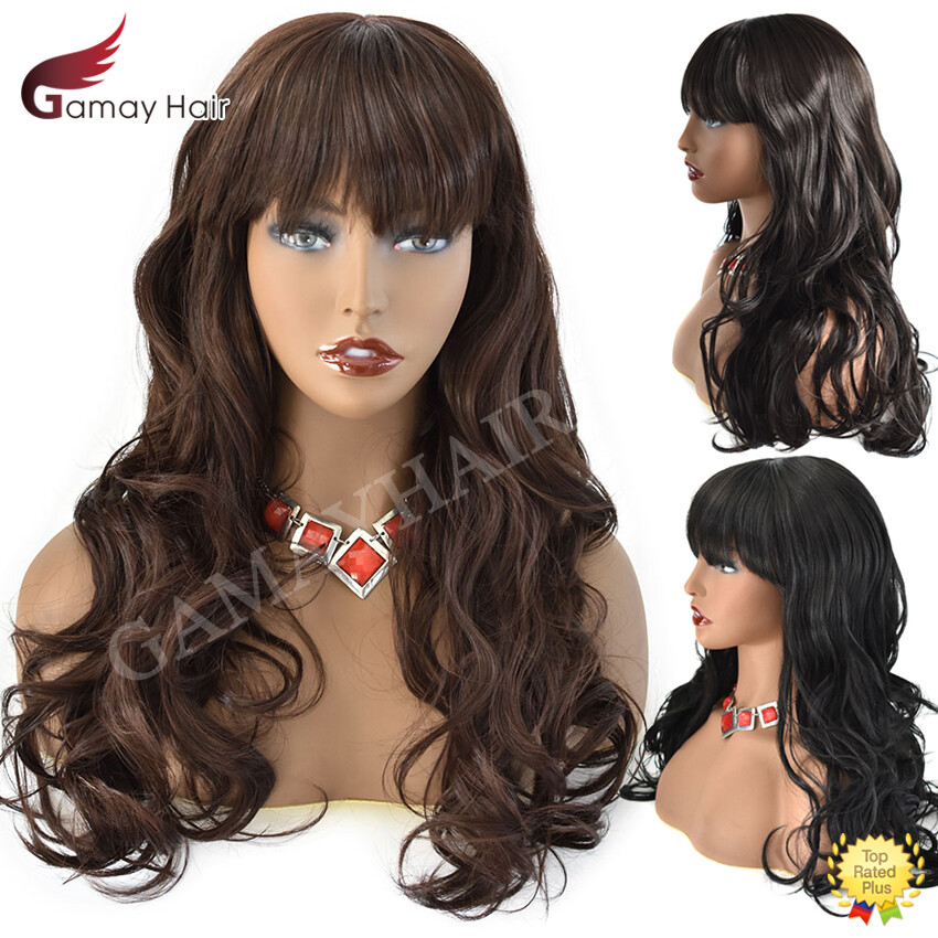 Women Synthetic Wig Long Wavy Hair with Bangs Machine Made Full Cap Glueless Wig