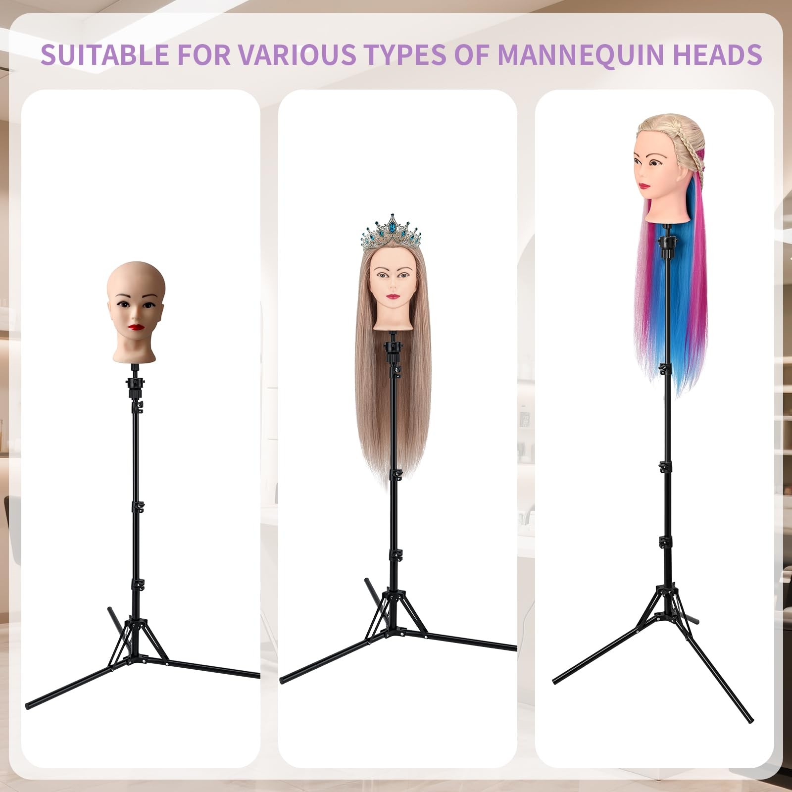 Aofadaning Mannequin Head Stand,Adjustable Wig Stand Tripod Height Black