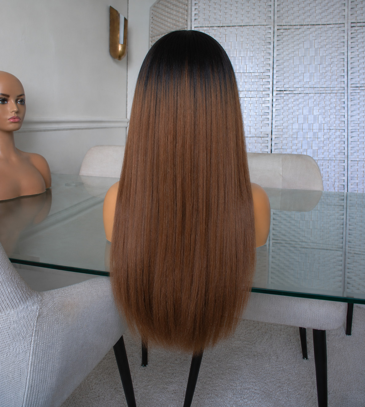28″ Yaki Straight Lace Front Wig 1B/30 Black Brown Natural Looking