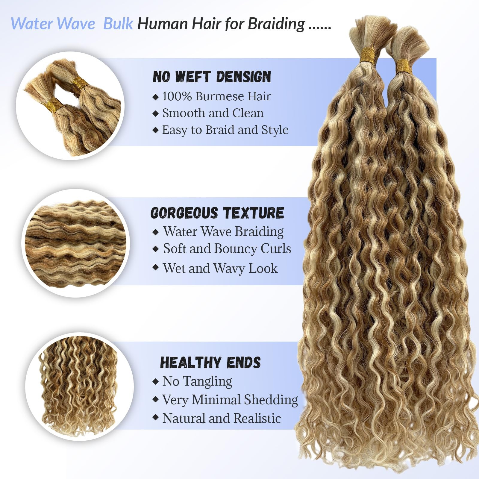 Long Curly Braiding Hair Highlights Deep Water Wave Bulk for Boho Braids #27/613