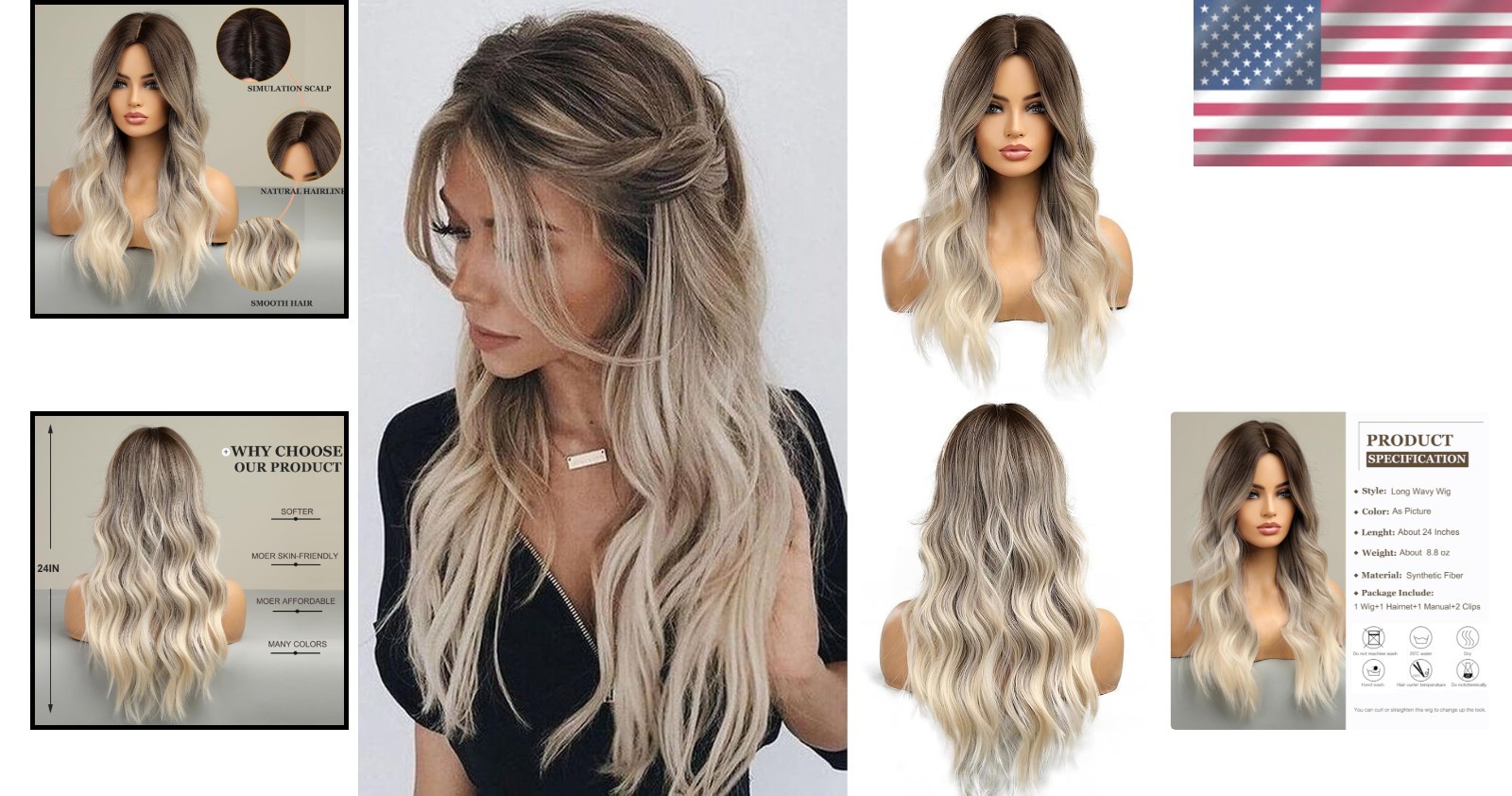 Elegant Long Ombre Wig for Women – 24-Inch Brown to Blonde Heat Resistant Style