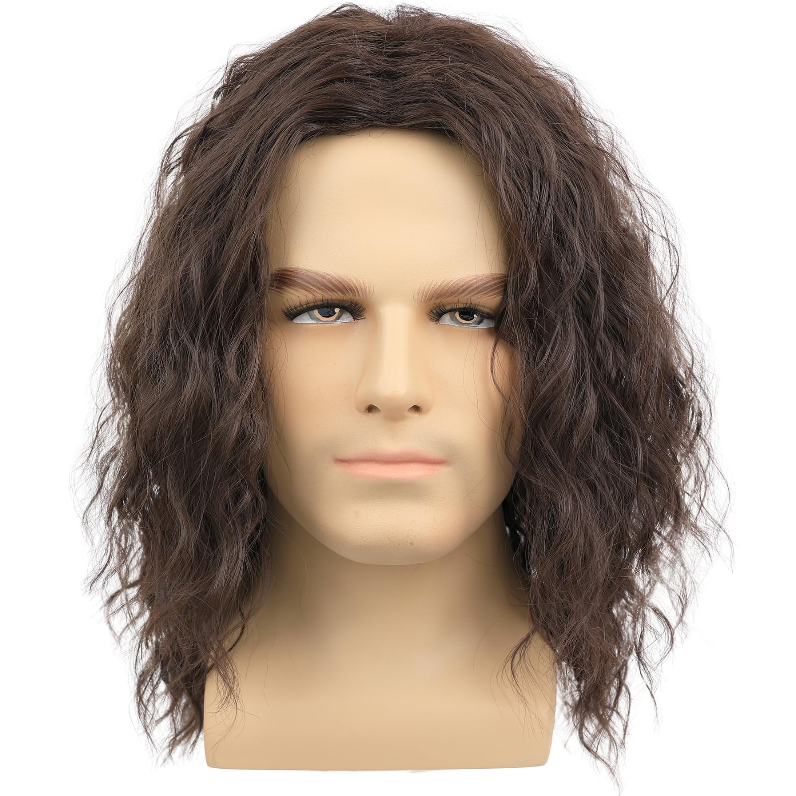 Mens Brown Wavy Wig – Medium Length Natural Look Middle Part Heat Resistant S…