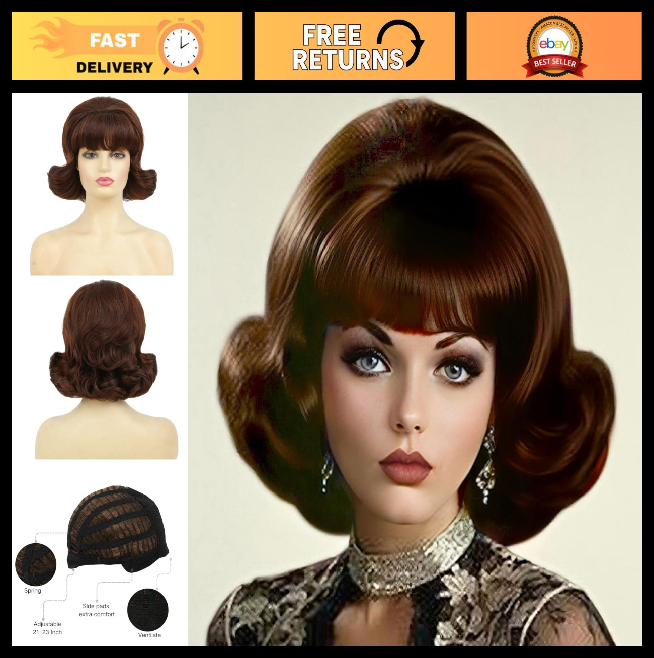 Vintage Brown Curly Bouffant Wig for Women – 50s 60s Retro Costume Hair with Ban