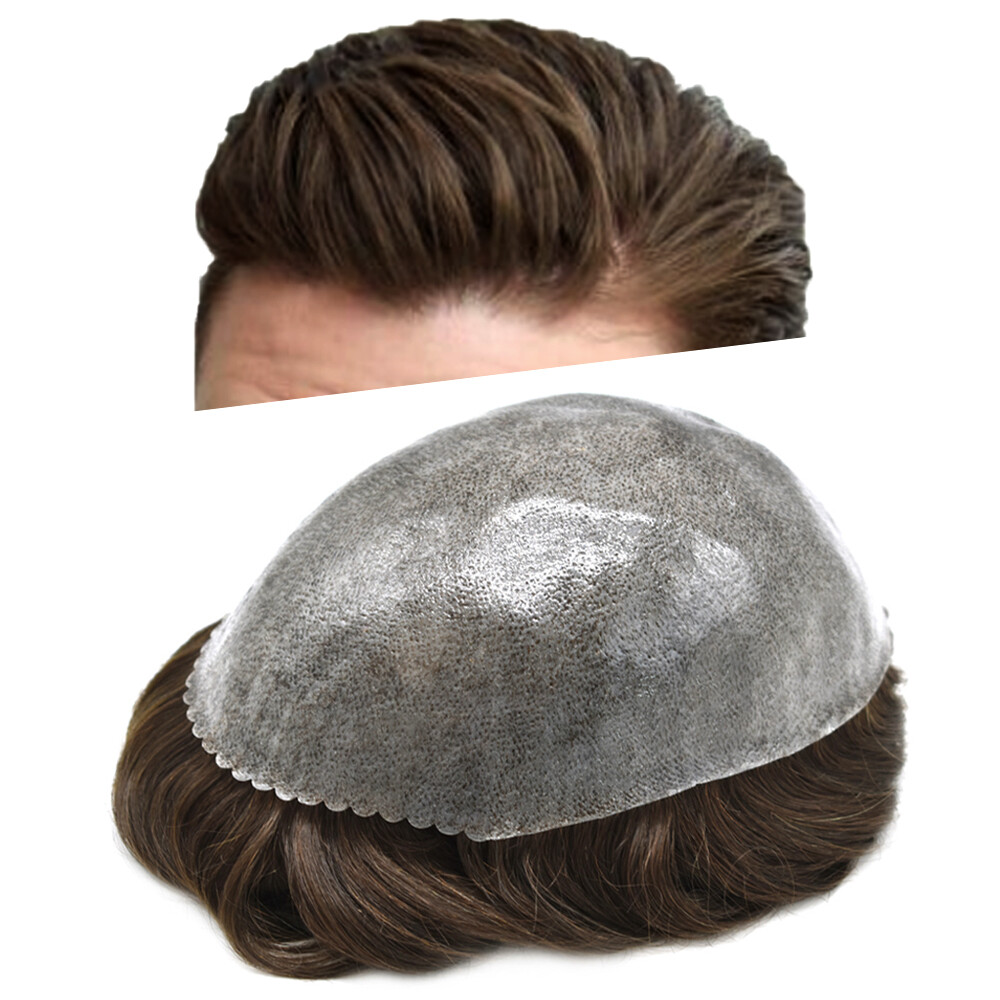 Mens Toupee Human Hair Systems Full Poly Thin Skin Hair Piece Replacement System