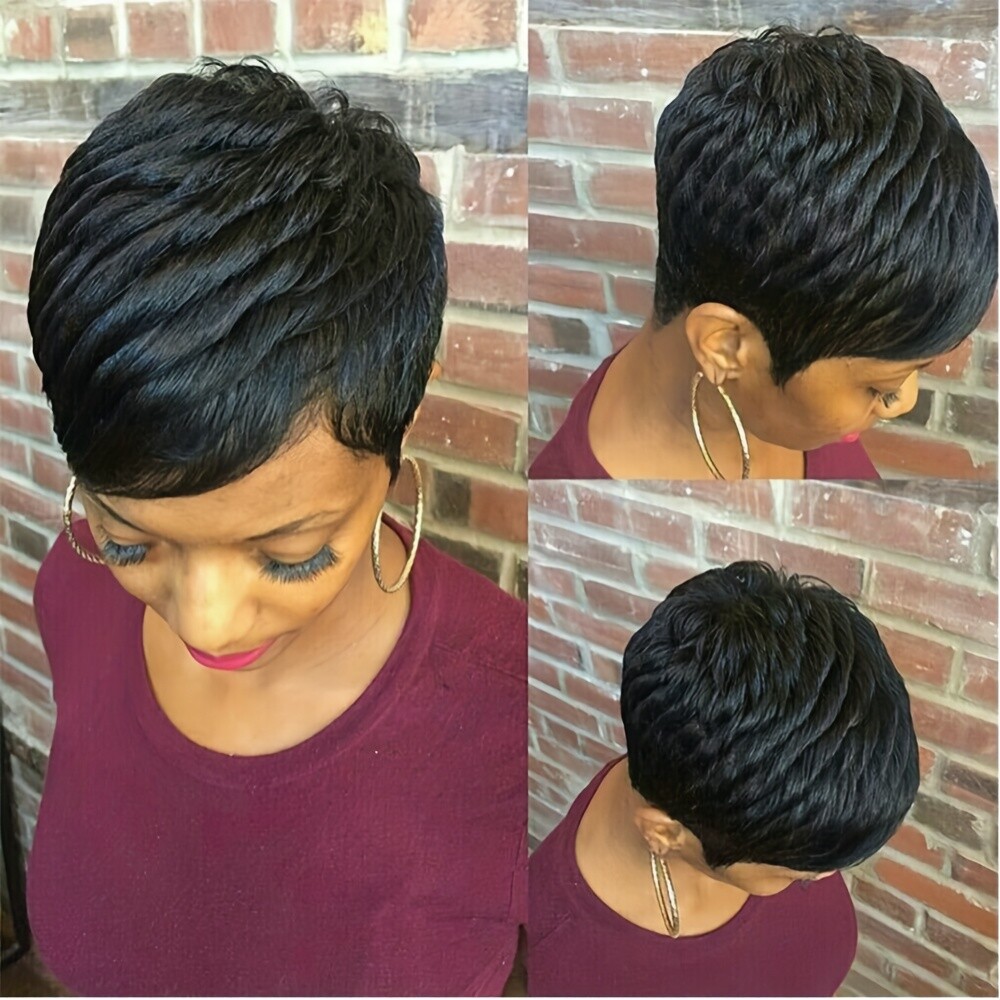 Short Wig Layered Bangs Machine Made Adjustable Combs Black Brown Blonde