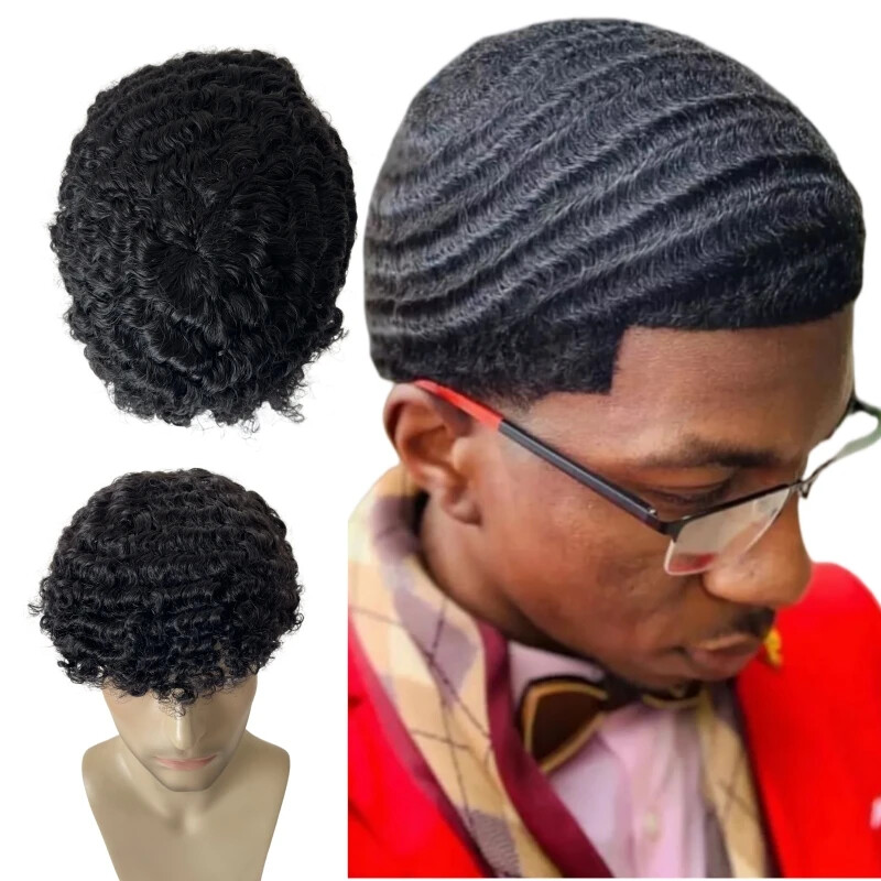 Virgin Human Hair Toupee 10mm Wave 8×10 Mono Lace Unit for Black Men