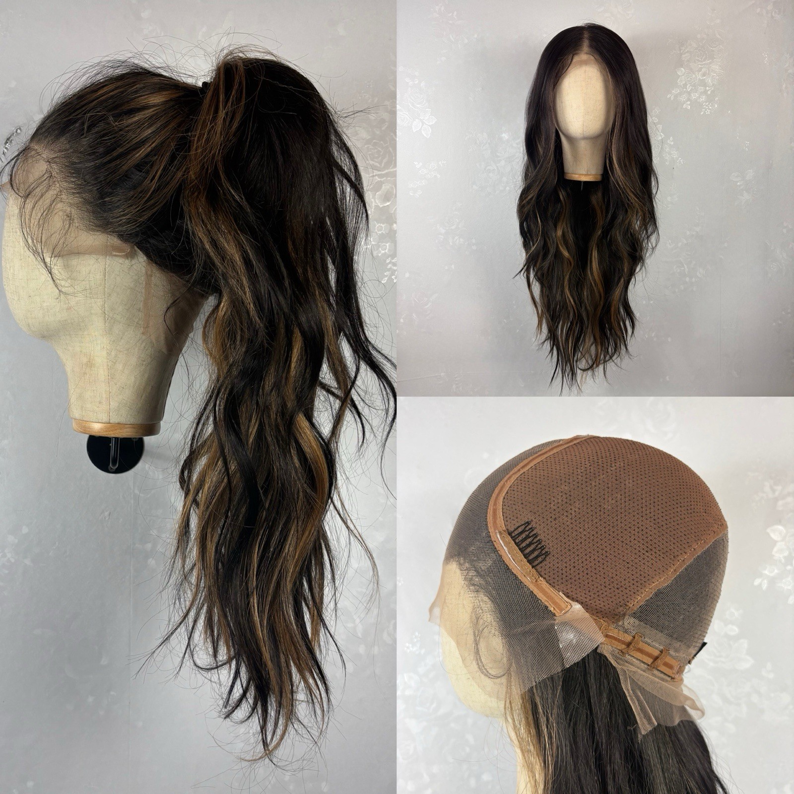 FULL Lace Daily WIG! Long wavy Black with brown highlights. Human hair Blend