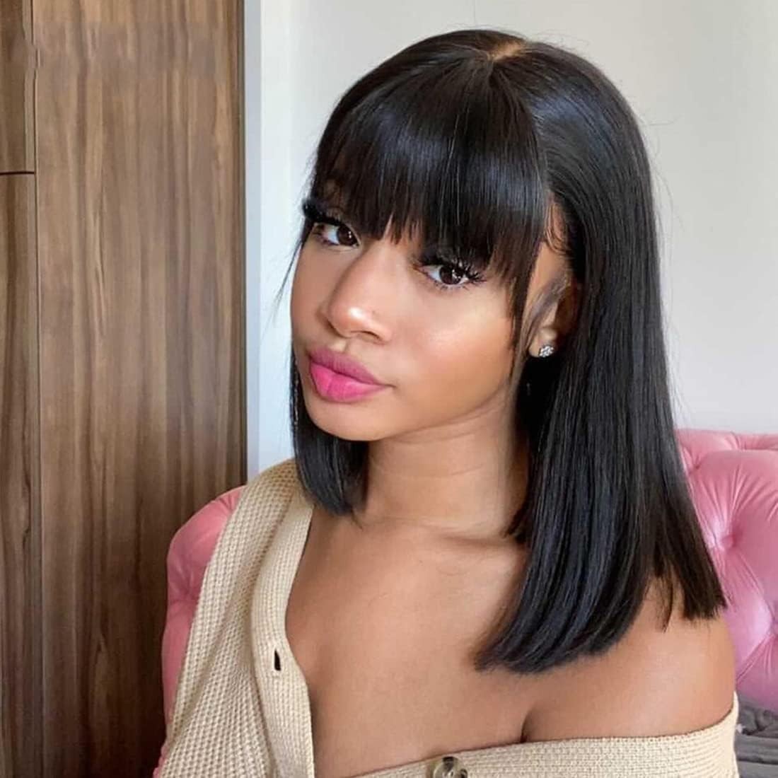Bob Wig with Bangs Human Hair Wigs Glueless Wigs Straight Bob Wigs 2×1 Lace Wig