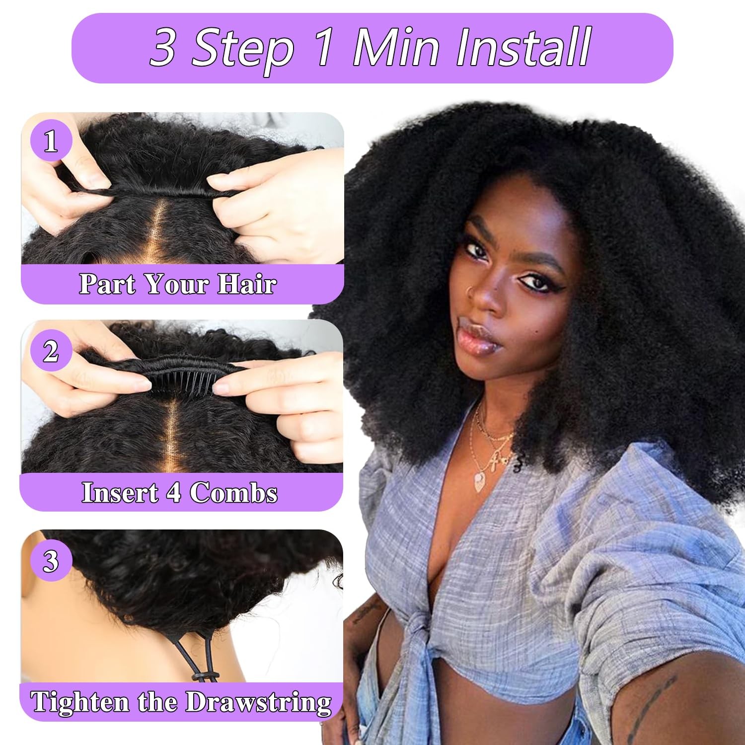 Canaryfly Afro Kinky Curly Human Hair Half Wigs For Black Wome 200 Density 3 In