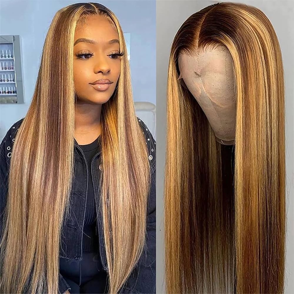 16 Inch P4 27 Highlight Silky Straight Human Hair Wig 250 Density 13×4 HD…