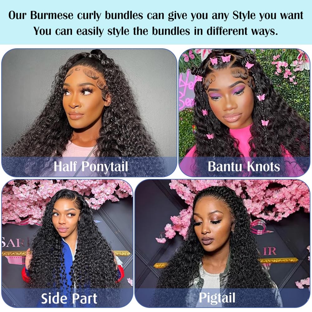 Younsolo Burmese Curly 4 Bundles Human Hair 16 18 20 22 Inch 12A Virgin Water