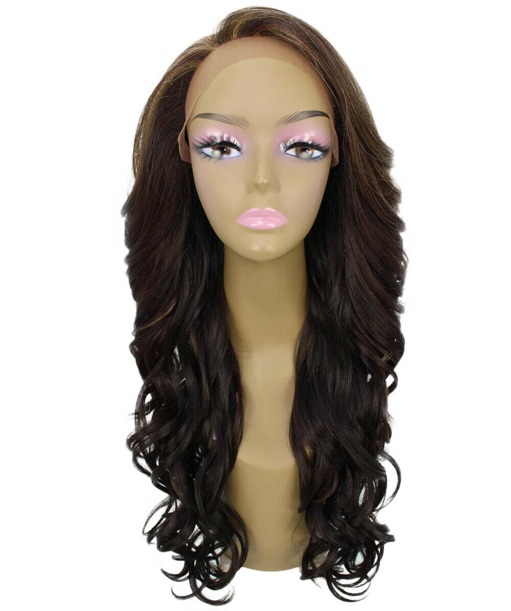 Kendra Wavy 24.5″ Long 13×2.5 Hand-Tied Lace Front Wig , Caramel Brown Blend