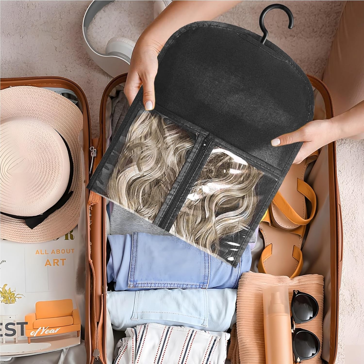 6 PCS Hair Extension Holder Wig Storage Bags with Hanger Wig Holder (Black)
