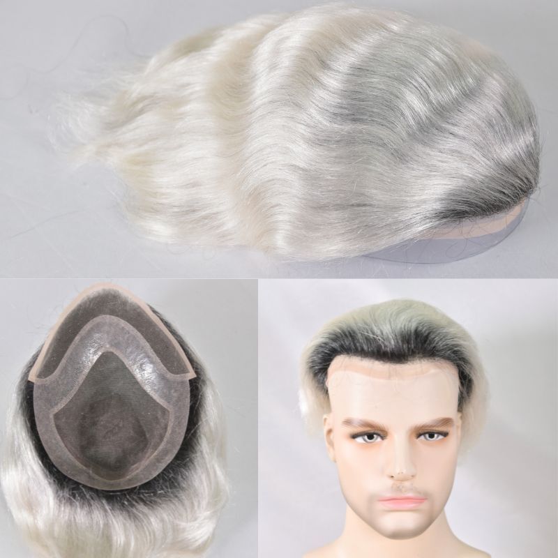 Hair Toupee for Men 1BTwhite 10×8 Ombre White Human Hairpiece for Men