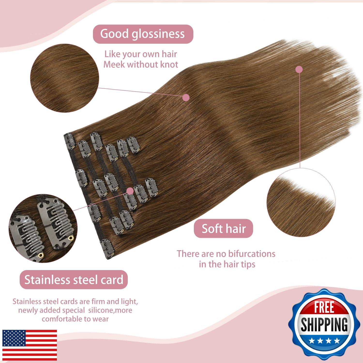 HUAYI Light Brown Clip in Hair Extensions Human Hair, 18 Inch 70g, 7pcs with