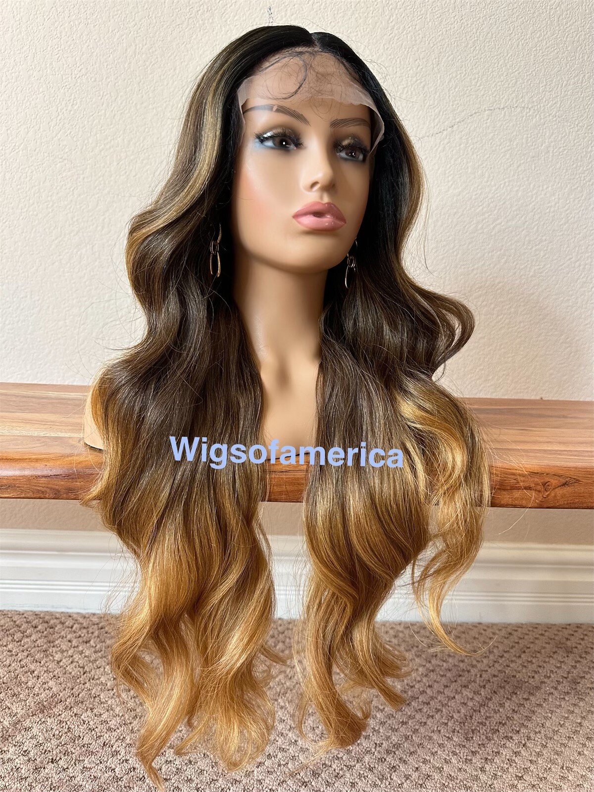 Honey Blonde Ombré Wig Wavy Layered Lace Front Middle Part 26 Inch Long Heat Ok
