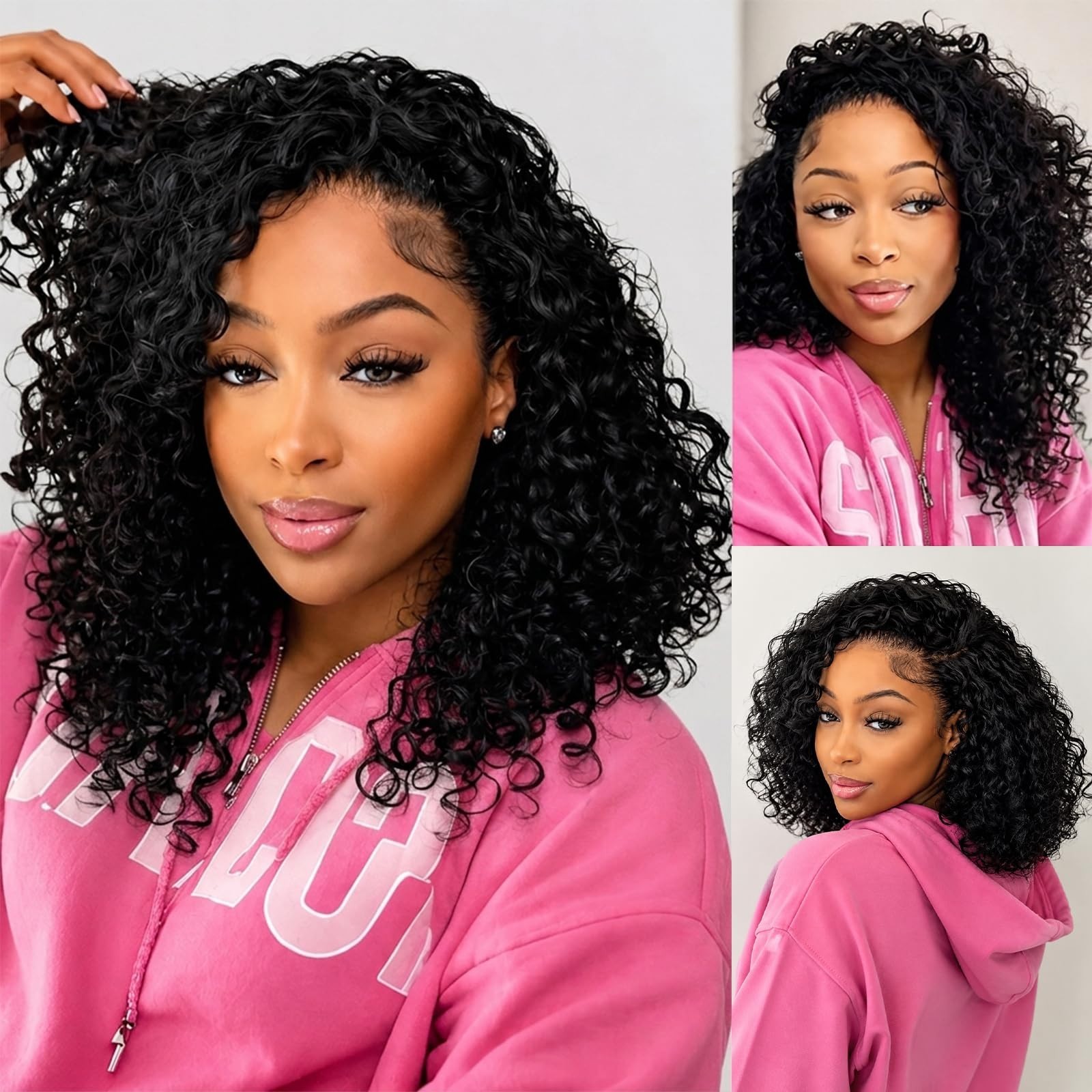 180 Density 16 Inch Half Wig Human Hair, Glueless Drawstring Clip-In, Water Wave