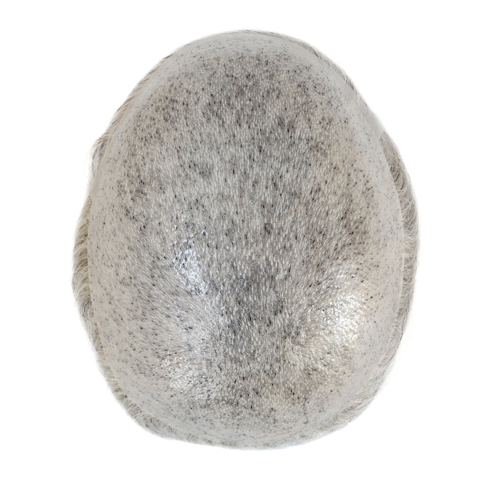 Mens Toupee Human Hair Replacement System 0.05mm Thin Skin Grey Hairpieces #1B80
