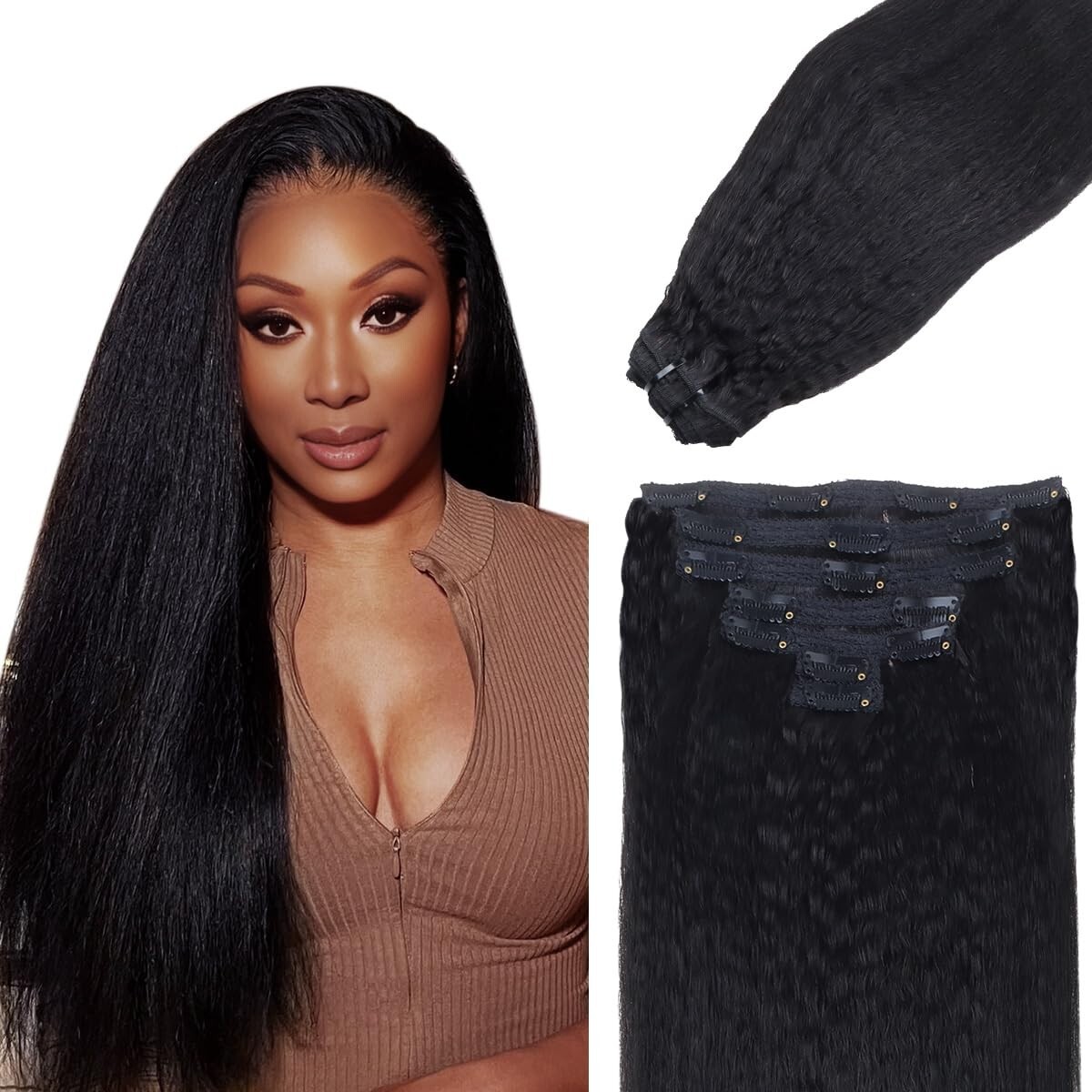 Clip in Hair Extensions with Lace Weft Natural Black, Human Hair Extensions Remy
