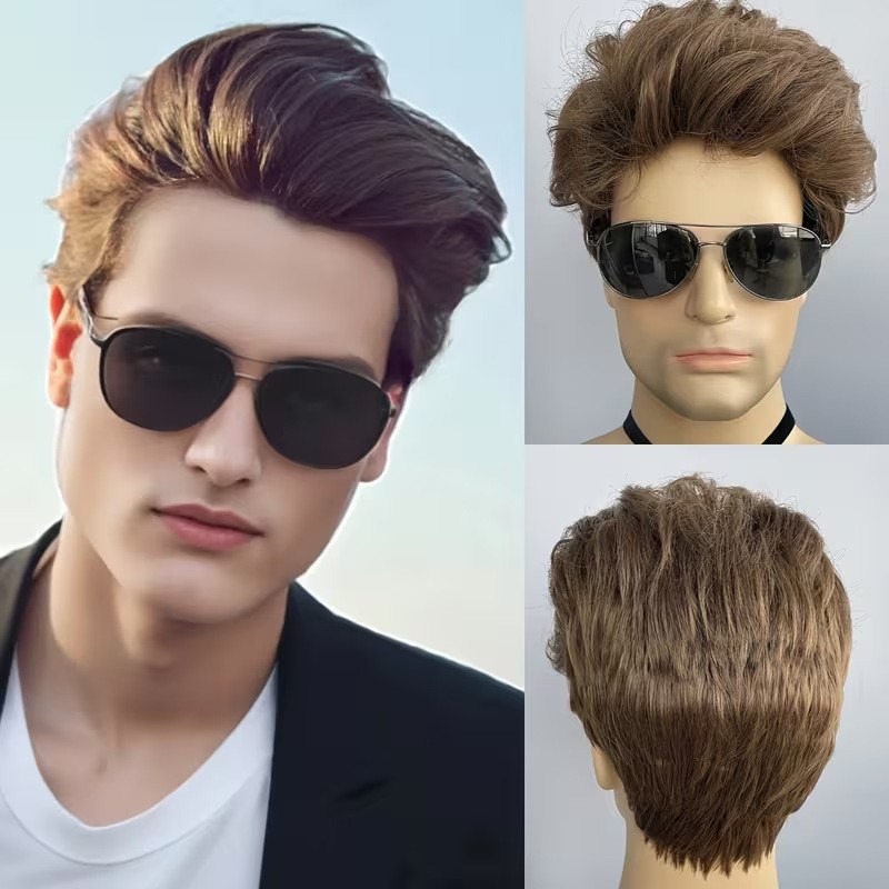 Men Wig Brown Layered Short Beanie Hairpiece Universal Male Cosplay Glueless Wig