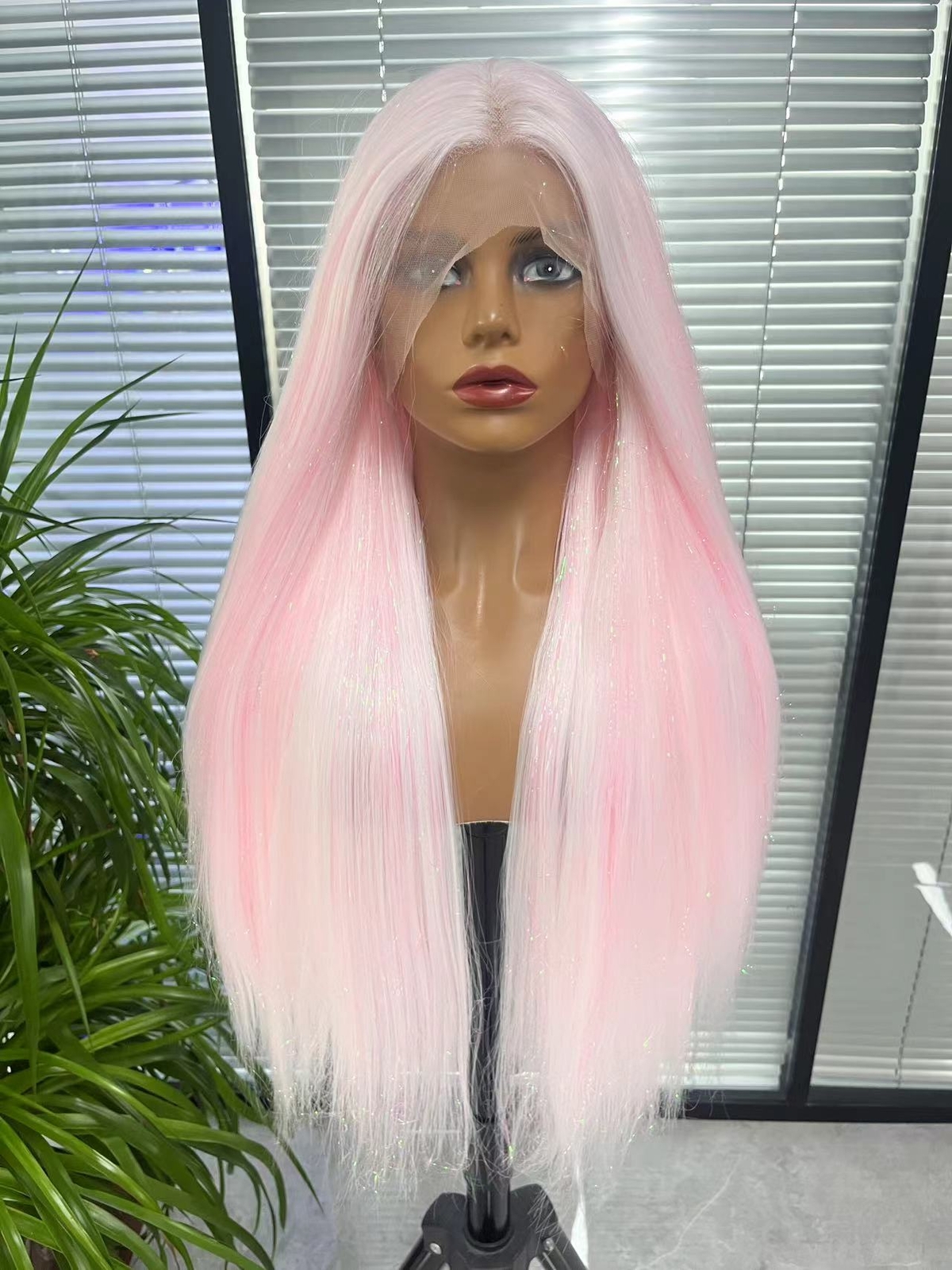 Ice Pink / Cream Pink Tinsel Blended Long Straight Hair Synthetic Lace Front Wig