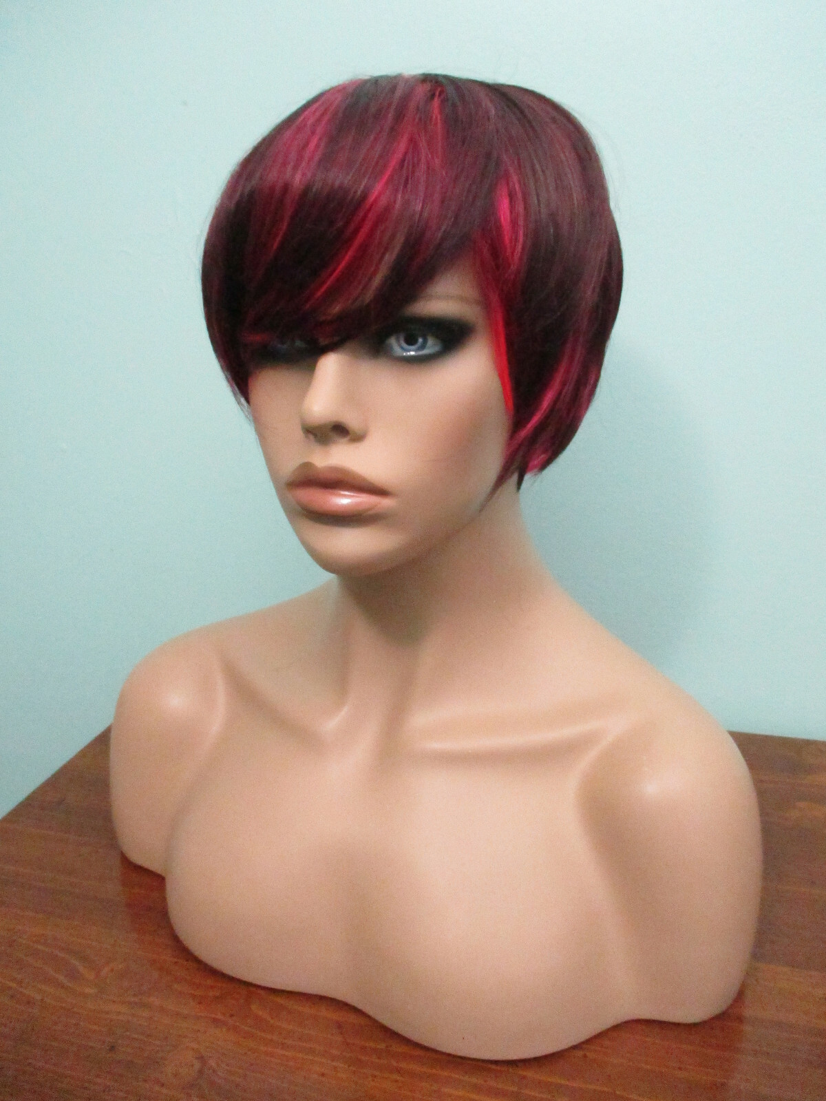 4″ hot pink and black short PIXIE cut swept bangs WIG