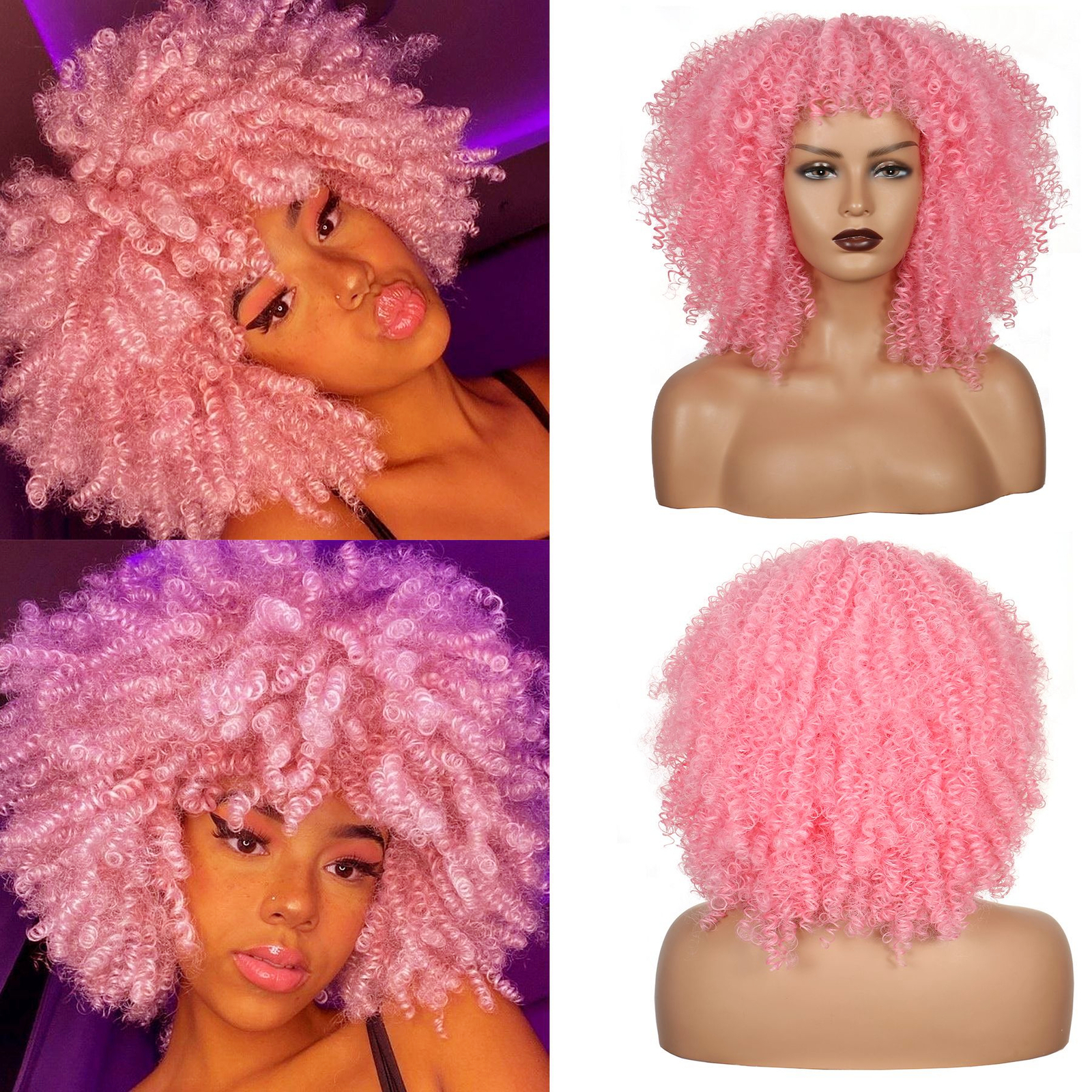 Short Hair Afro Kinky Curly Wig With Bangs For Black Women Synthetic Pink Curly