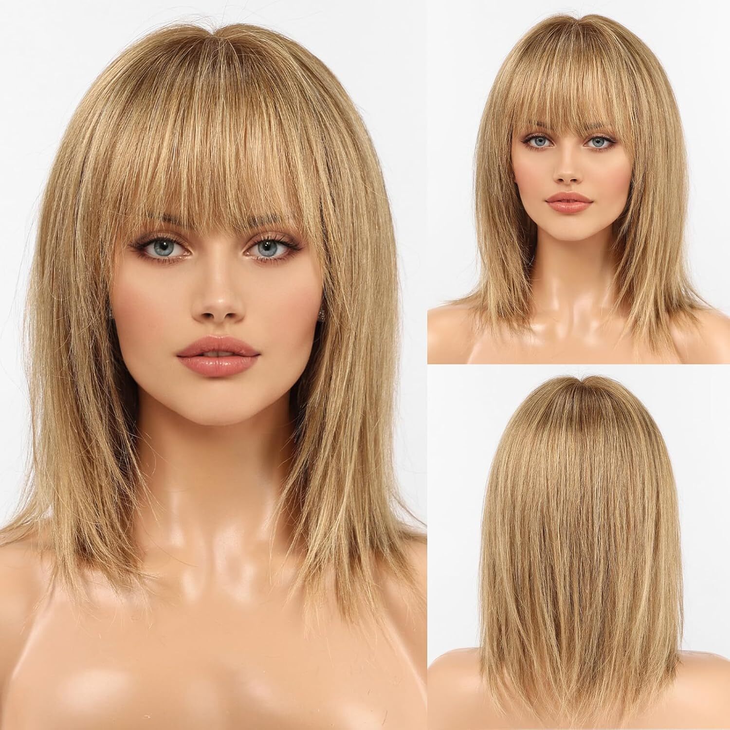 Light Brown Human Hair Wig for Women Remy Hair Wig with Bangs