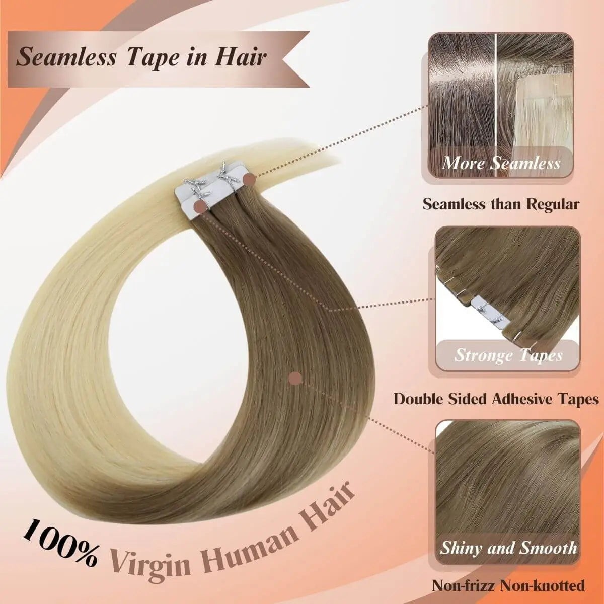 Sunny Hair TAPE-IN 14in Chestnut Brown/Blonde Remy Hair Extensions TP_6-60-6 50G