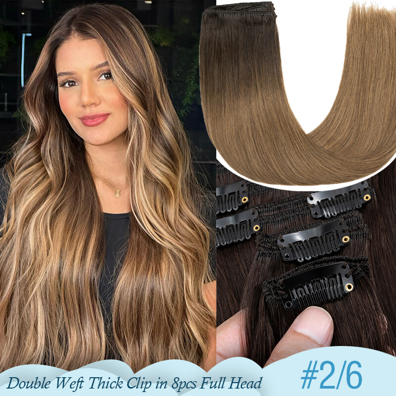 THICK Double Wefts Clip In Remy Human Hair Extensions Full Head 8PCS RUSSIAN