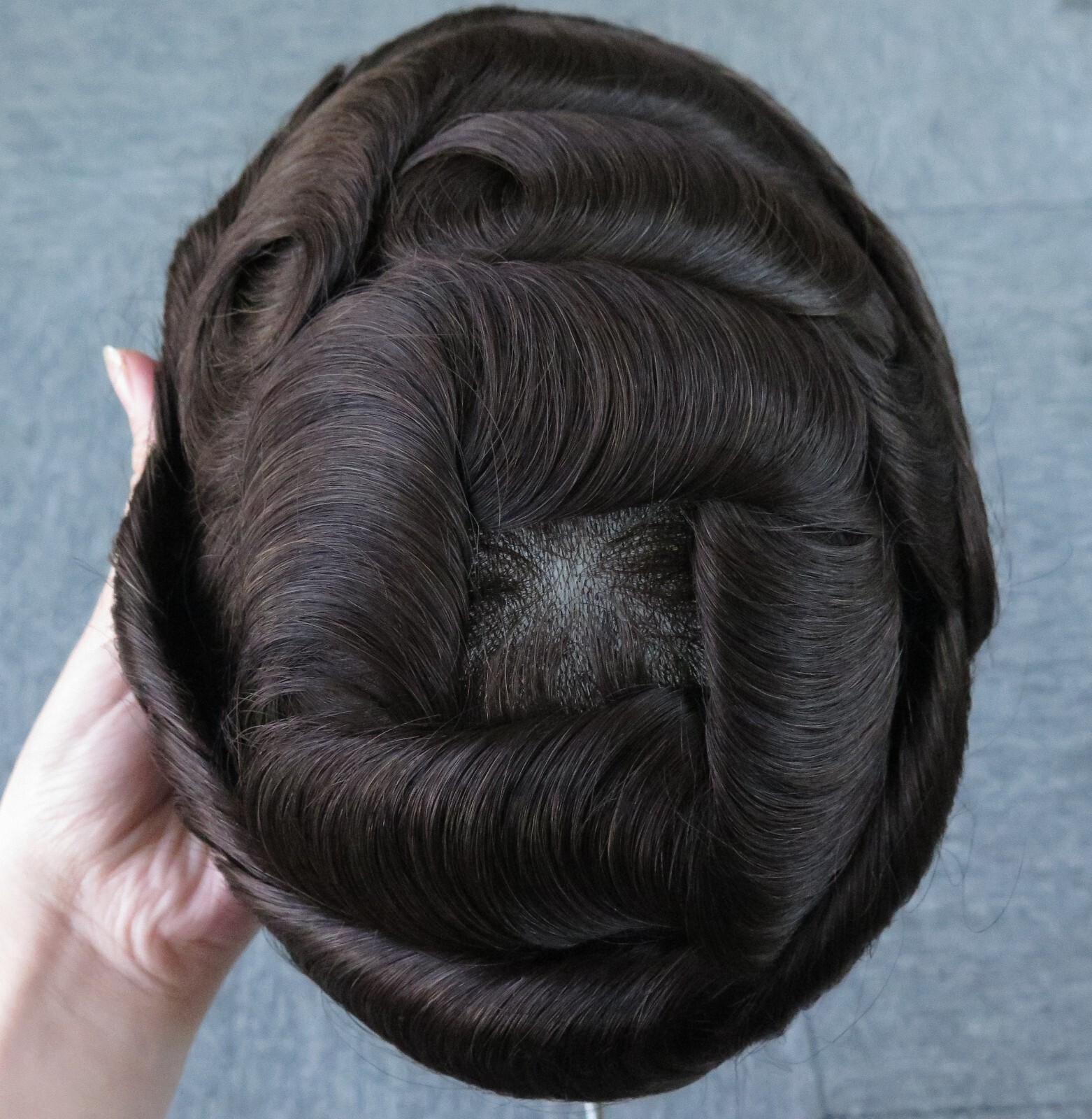 Mens Toupee Human Hair Replacement System Thin Skin Dark Brown Hairpieces #2