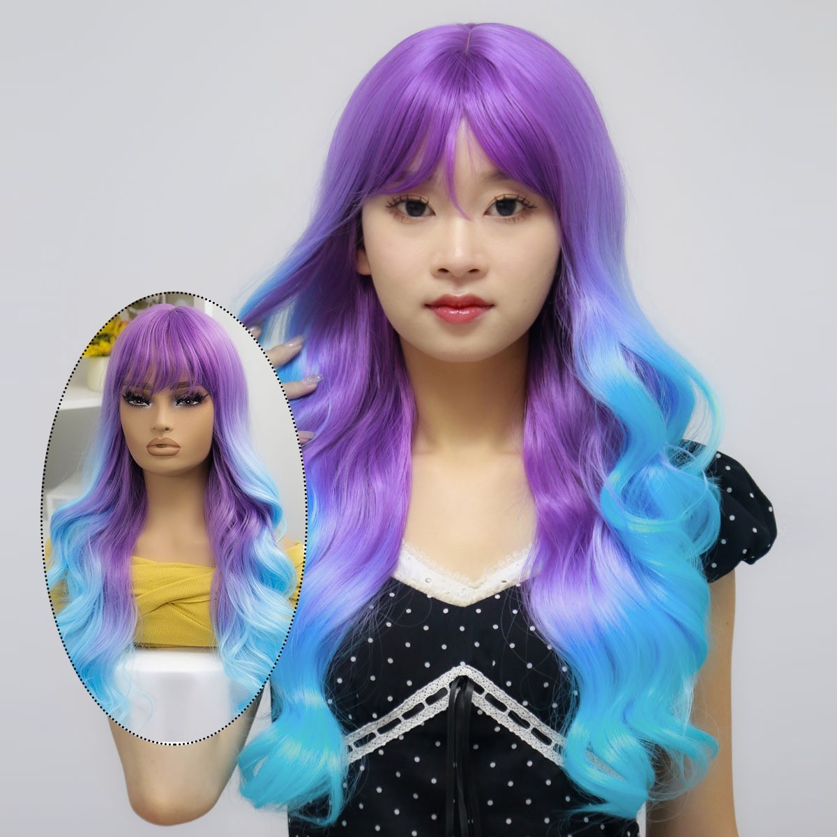 Women Purple Blue Ombre Wavy Wig with Bangs Synthetic Hair Heat Resistant Long