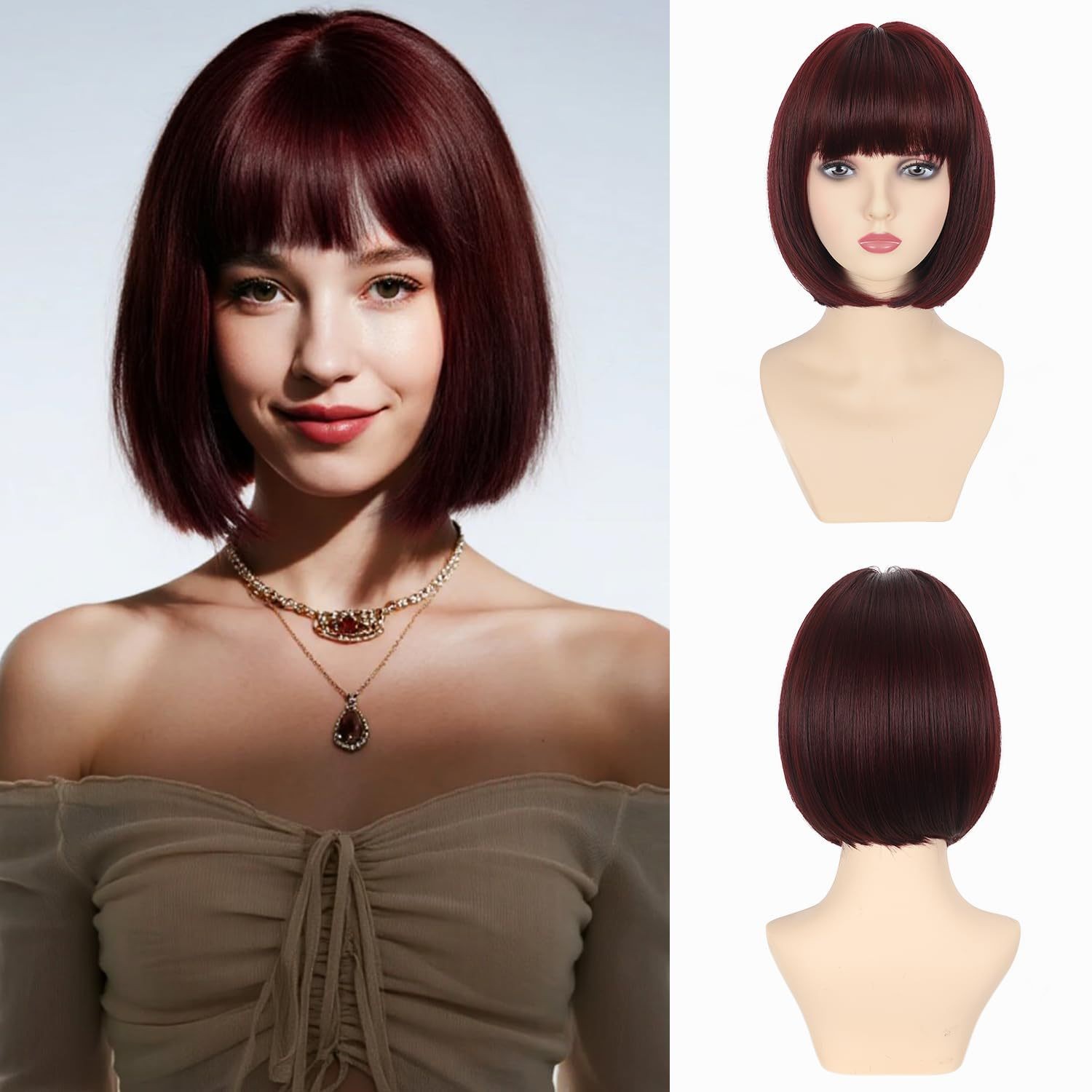 12 Inch Bob Wig with Inward Bangs for Women Multi Color Heat Resistant
