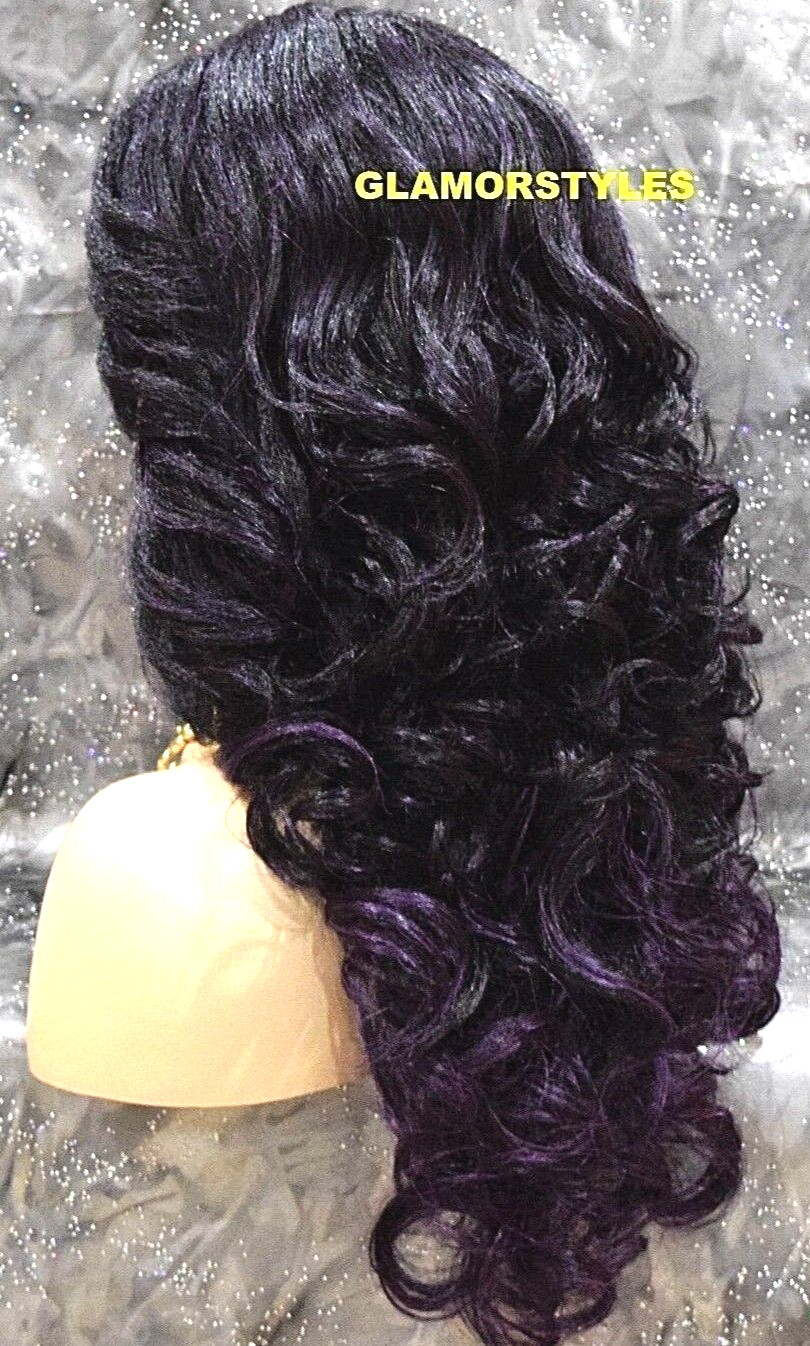 LACE FRONT FULL WIG LONG CURLY LAYERED BLACK PURPLE MIX HEAT OK NWT