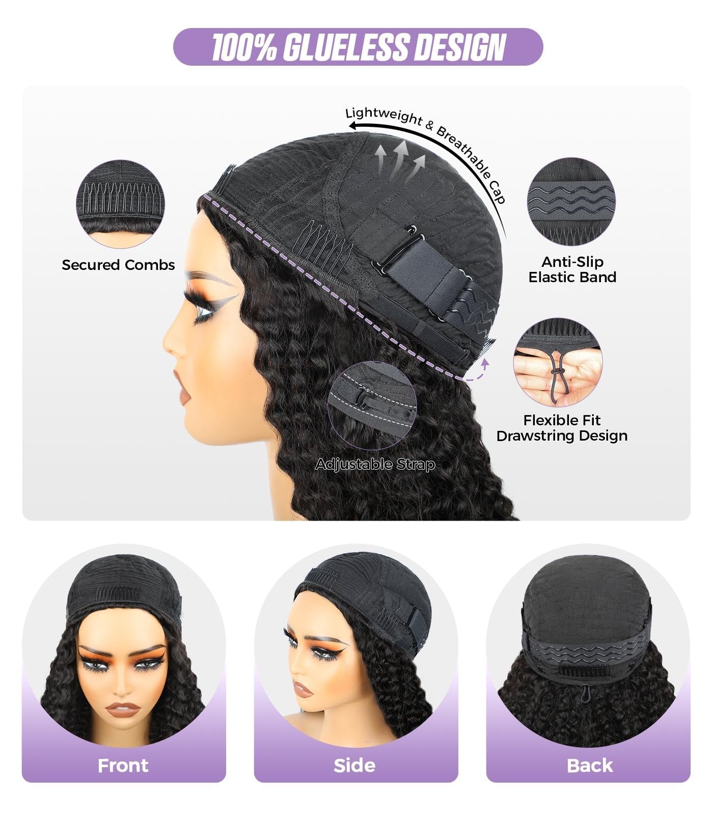 Water Wave Half Wig Human Hair 22″ – 180% Density, Adjustable Drawstring, Gluele