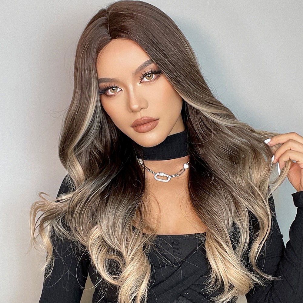 Long Ombré Brown Blonde Pink Curly Wavy Hair Wigs Women Daily Party Cosplay US