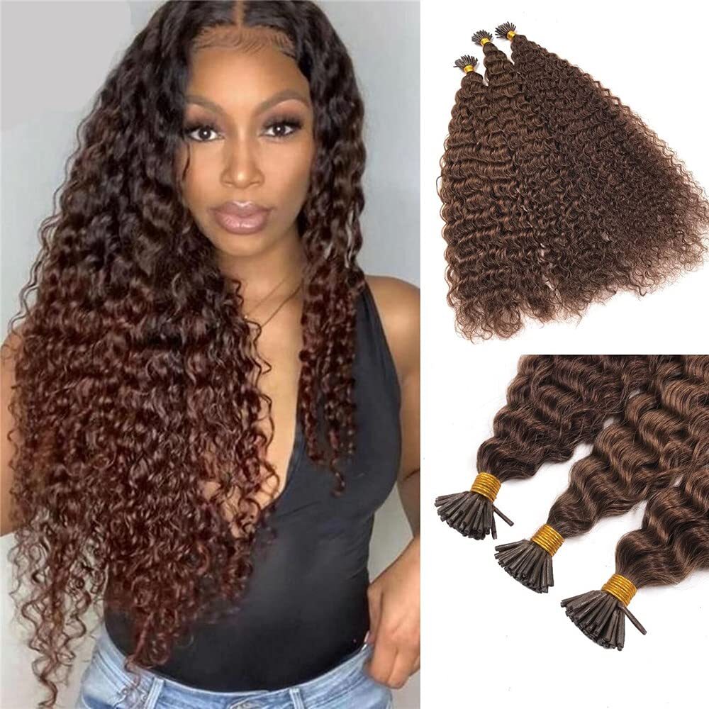 Microlink Pre Bonded Kinky Curly I Tip Human Hair Extension #4 Dark Brown 100pcs